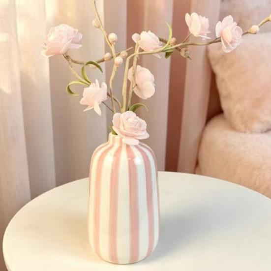 Ornamenti in Ceramica a Forma di Vaso Rotondo Compatto con Strisce Fresche Multicolore Vaso da Libreria per Fiori Decorazione da Tavolo