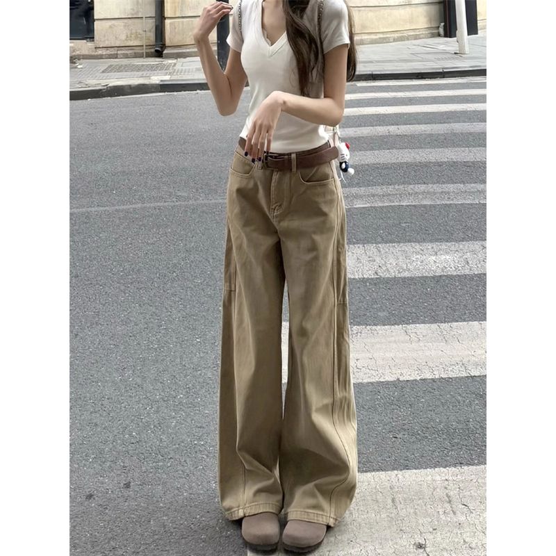 

Wide Leg Denim Women s Small Summer K-style Ins High Waist Slim Looking Loose Khaki Casual Straight Trousers Khaki regular height suggestion [156-165]] XL