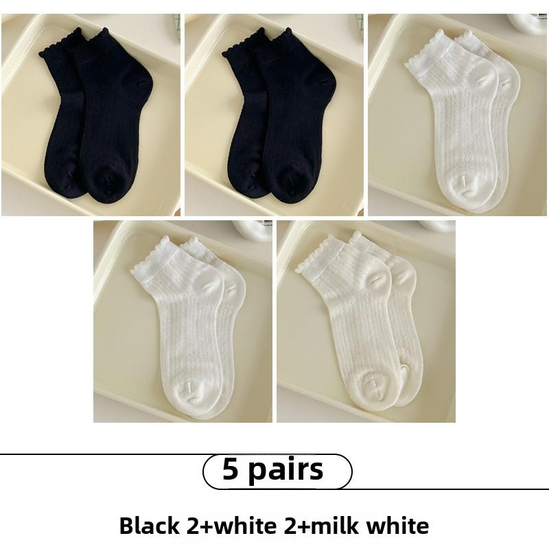 5 Pairs of Women's Summer Thin Boneless Hollow Lace Short Tube Socks