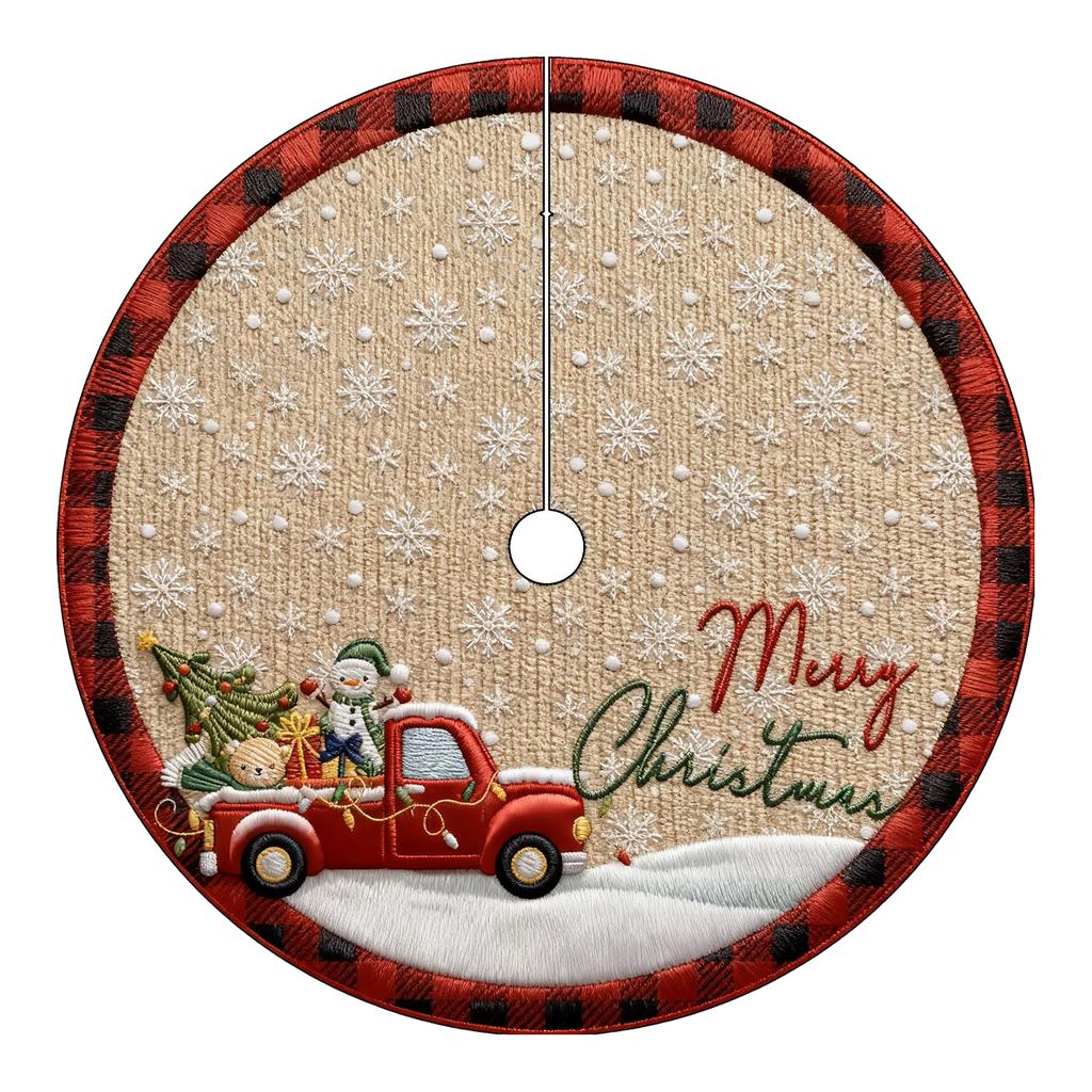 Christmas Tree Skirt with 2D Embroidery- Digital Print for Holiday Festive Decoration