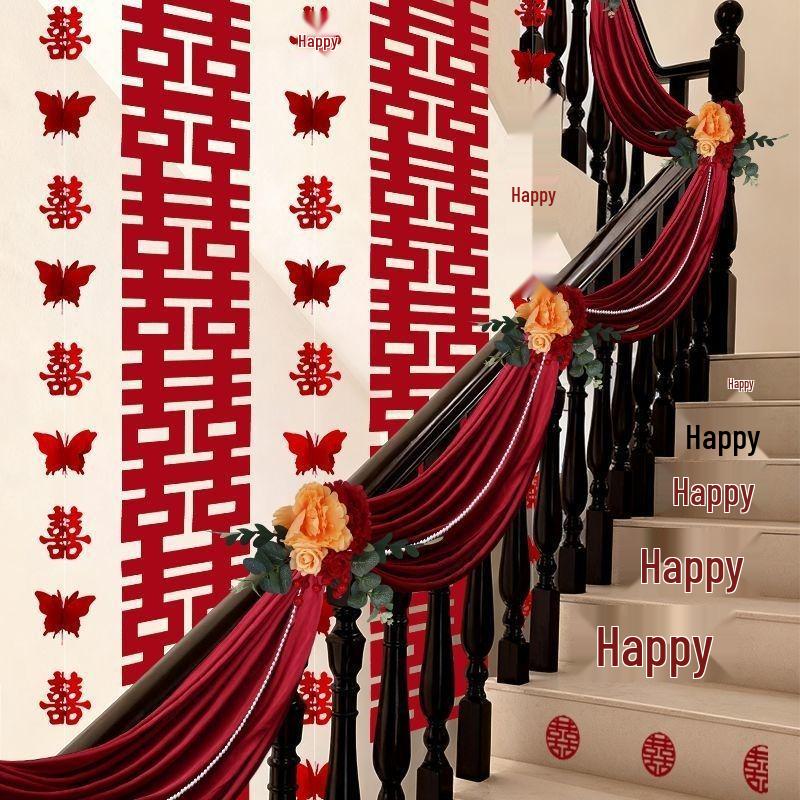 Double Happiness Stair Decor: Rustic Wedding Handrail & Wall Garland Set
