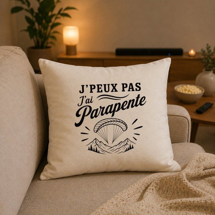Housse de Coussin J’peux pas j’ai Parapente J'peux pas minimaliste | Coton Canvas Fairtrade 305 g/m² Zip Invisible Taille 50×50 cm
