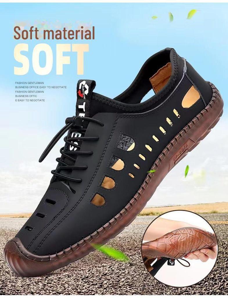 New Men's Summer Cowhide Sandals – Breathable, Versatile, Hollow Design for Casual Wear