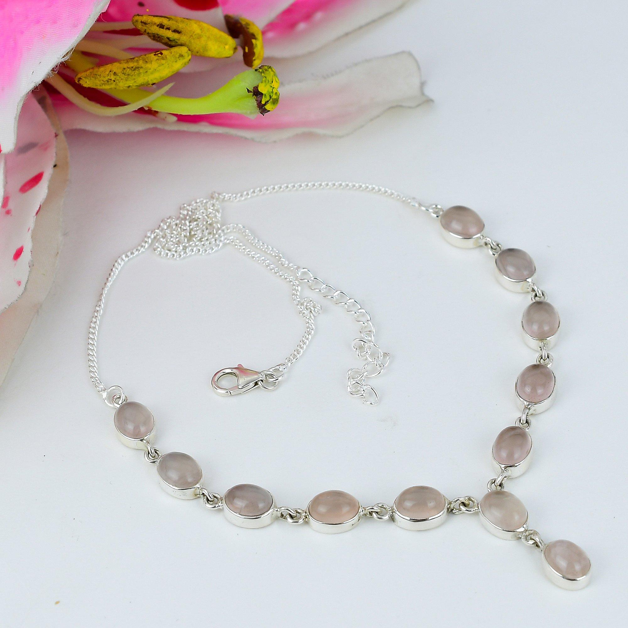 

Natural Rose Quartz Gemstone 925 Solid Sterling Silver Jewelry Necklace 18 I7H08