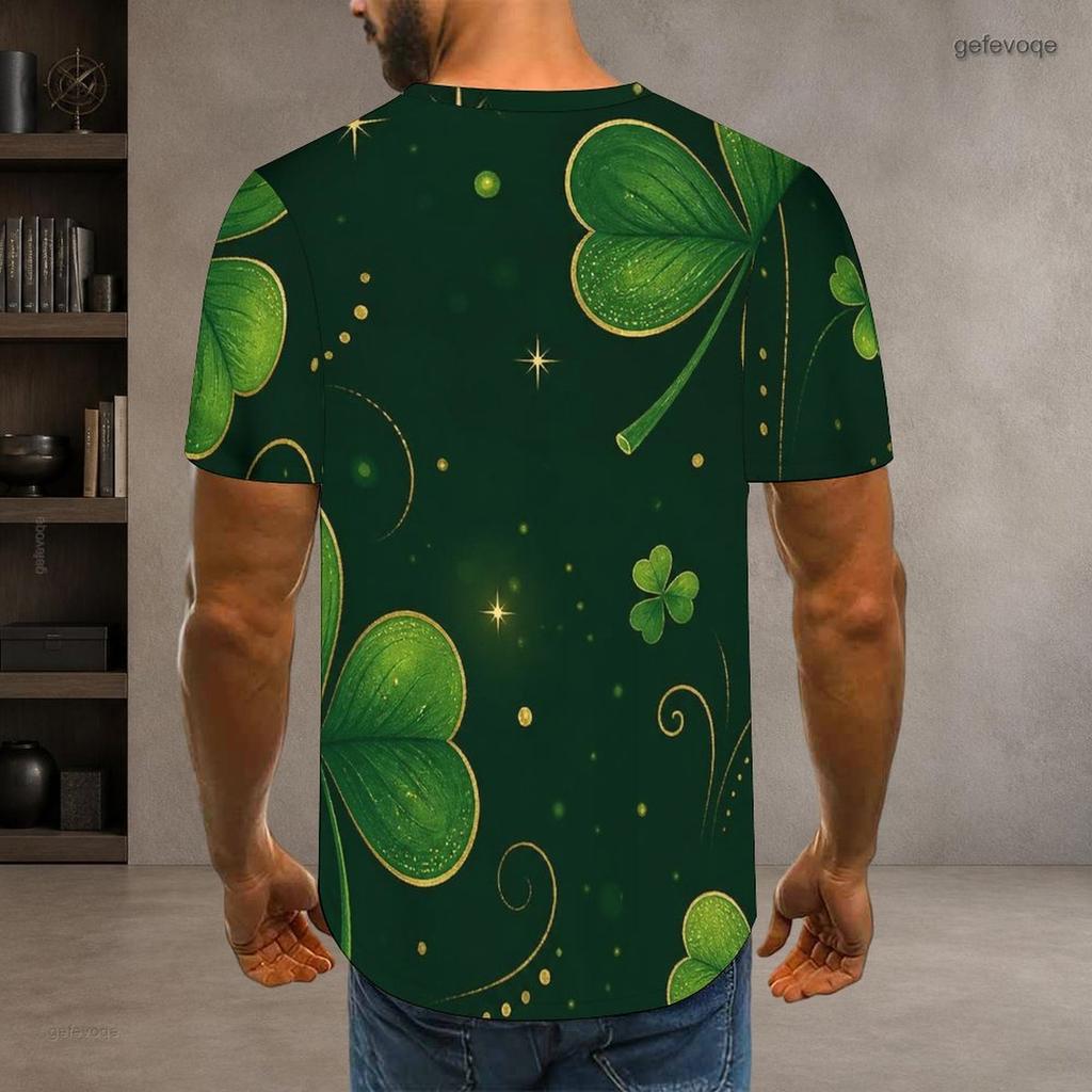 Men Plus Size Round Neck Short Sleeve Dark Green Clover Printed T Shirt