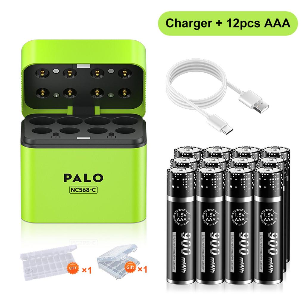 PALO Pilhas Recarregáveis AA e AAA de Íon de Lítio 3400mWh 1.5V com Carregador Magnético Flip de 8 canais para Pilhas de Lítio 1.5V 2A 3A