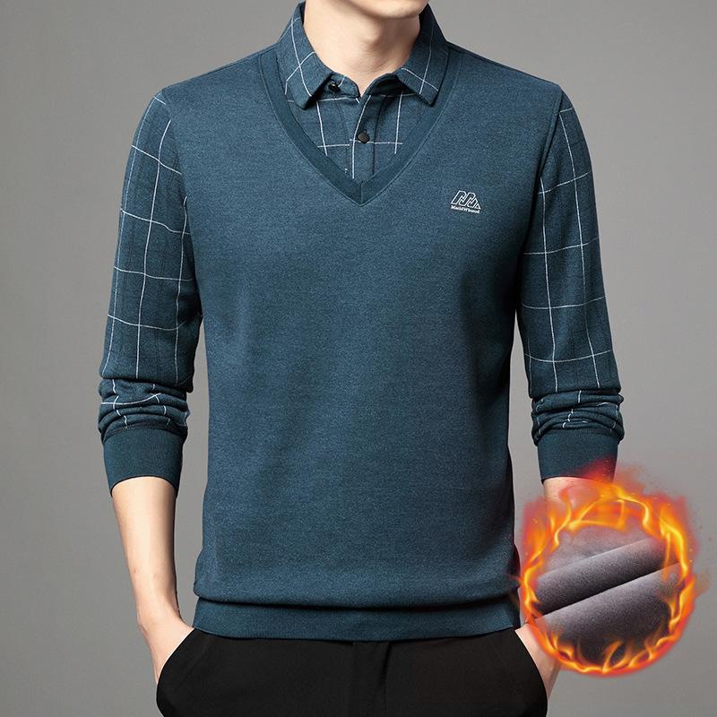 CHIC STUDIO Heren T-shirt met lange mouwen en nep tweedelig effect voor herfst en winter, middelbare leeftijd, verdikt, geruit bedrukt heren poloshirt voor heren XXXXL