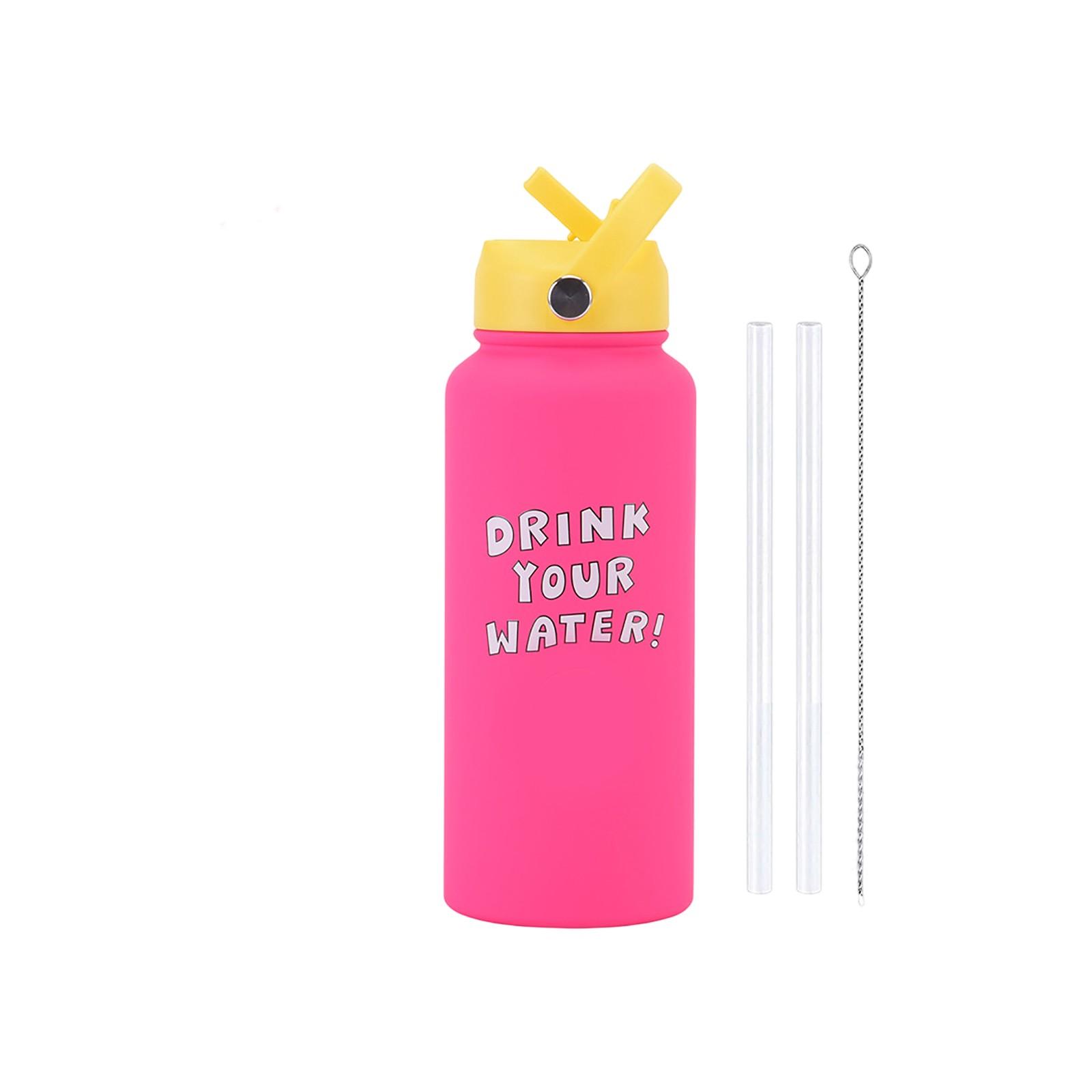 

Спортивный чайник из нержавеющей стали 1 л большой емкости с принтом, большая горловина, изолированная чашка, портативная ручка, соломинка, стакан для воды One Size жёлтый