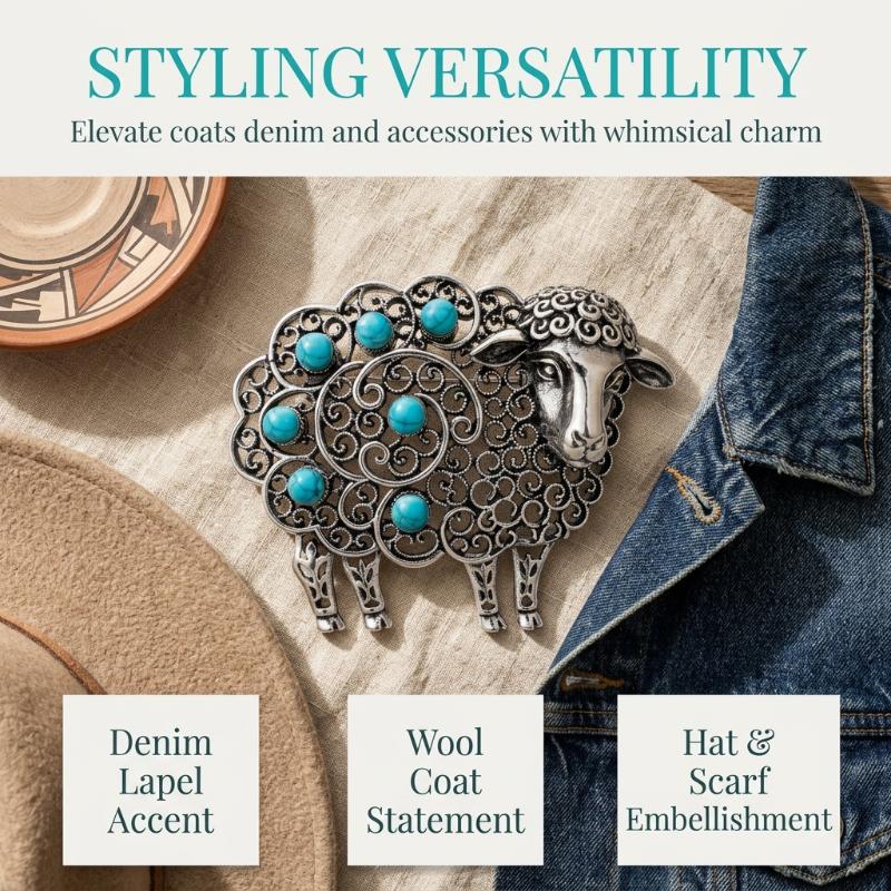 Retro Style Hollow Sheep Brooch Antique Silver Turquoise Stone Lapel Pin Clothing Decor for Women Formal Evening Dress