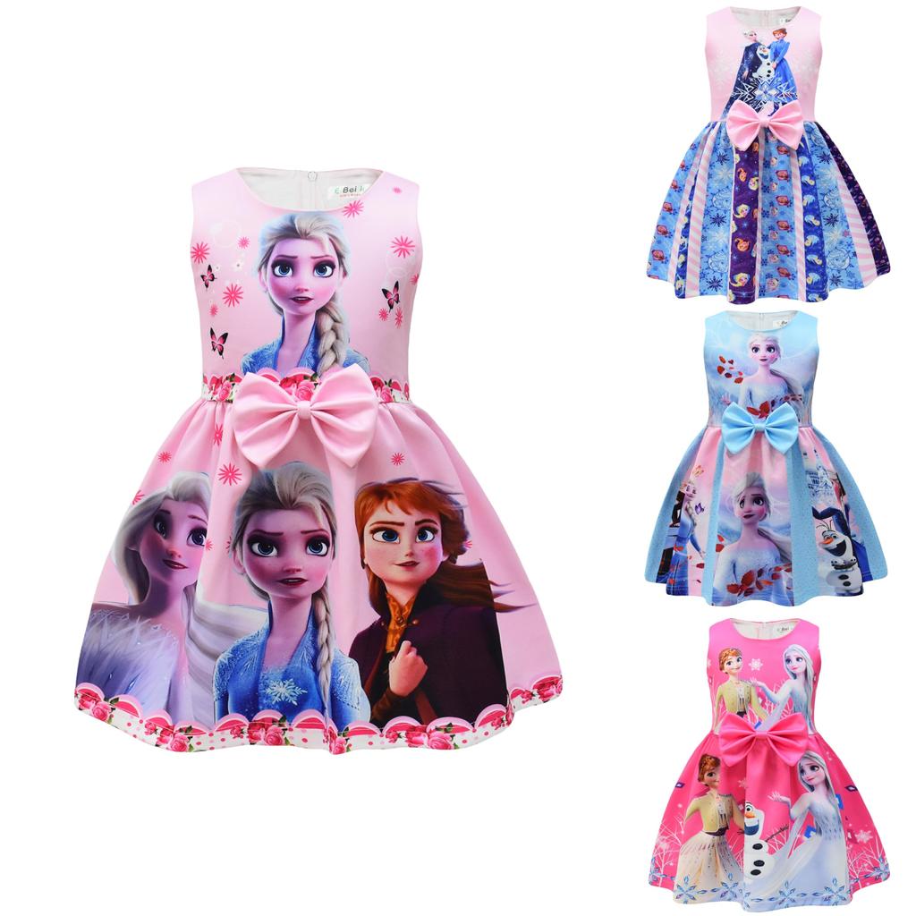 Frozen Elsa Cartoon Girl Dress With Cotton Blend Fabric For Summer Play