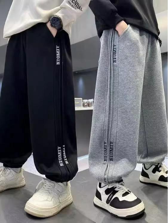 Baumwoll-Jogginghose für Jungen - Grau/Schwarz, Lässige Sportbekleidung für Frühling & Herbst, Größen für mittelgroße & große Kinder