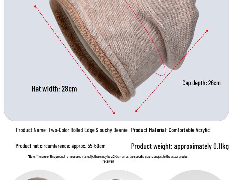 8164 Korean Style Knit Slouchy Beanie - Women's Warm Ear Protection Hat for Large Head Circumference, Autumn/Winter