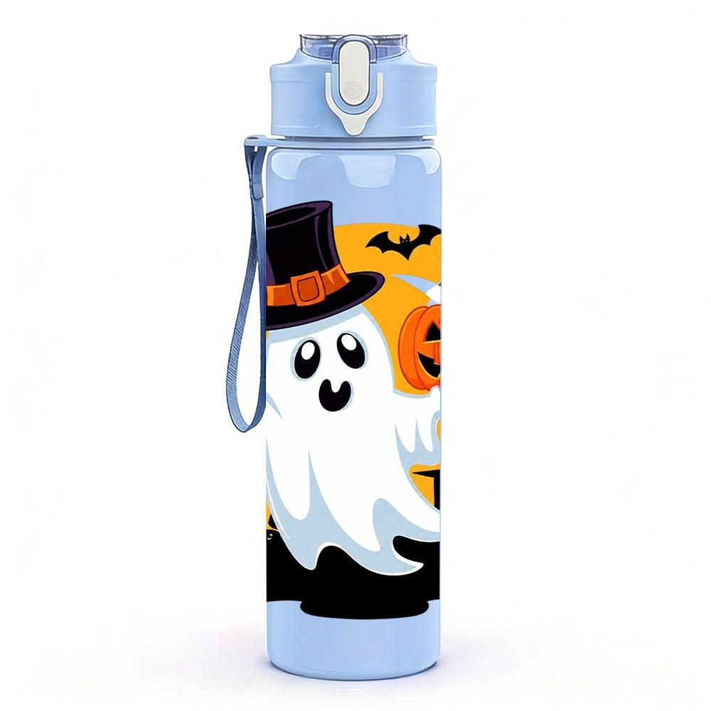 1PC Spooky Ghost Halloween Theme 750ml Color Plastic Sports Water Bottle Leakproof Flip Straw Lid Suitable for Sports Office Home Use