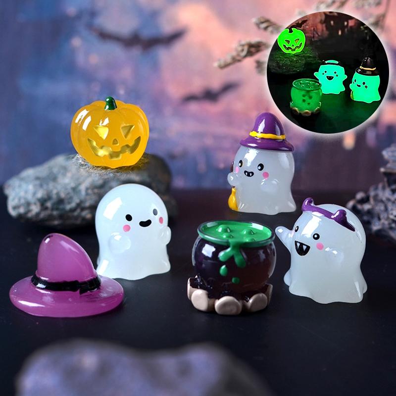 6Pcs/Set Luminous Halloween Ornament Cartoon Wizard Pumpkin Potion Ghost Doll Micro Landscape Decoration Dollhouse Miniature Toy
