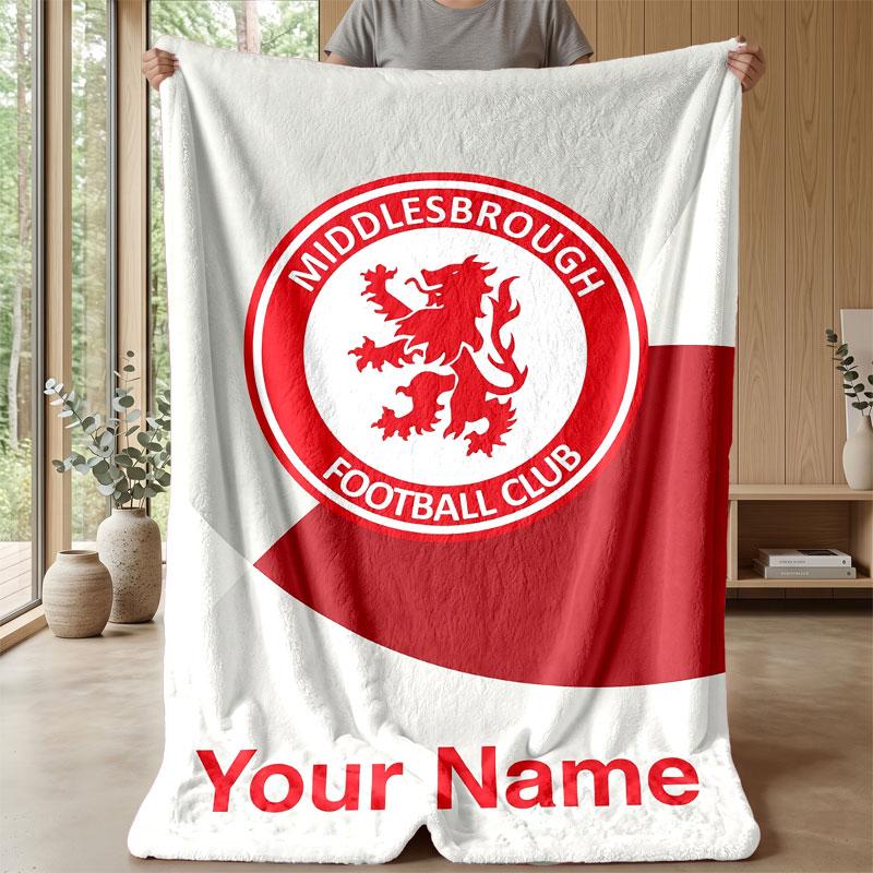 Middlesbrough FC Custom Name Text Flannel Blanket Soccer Logo Personalized Fleece Throw Blanket Special Gift For Sofa Bedroom Home
