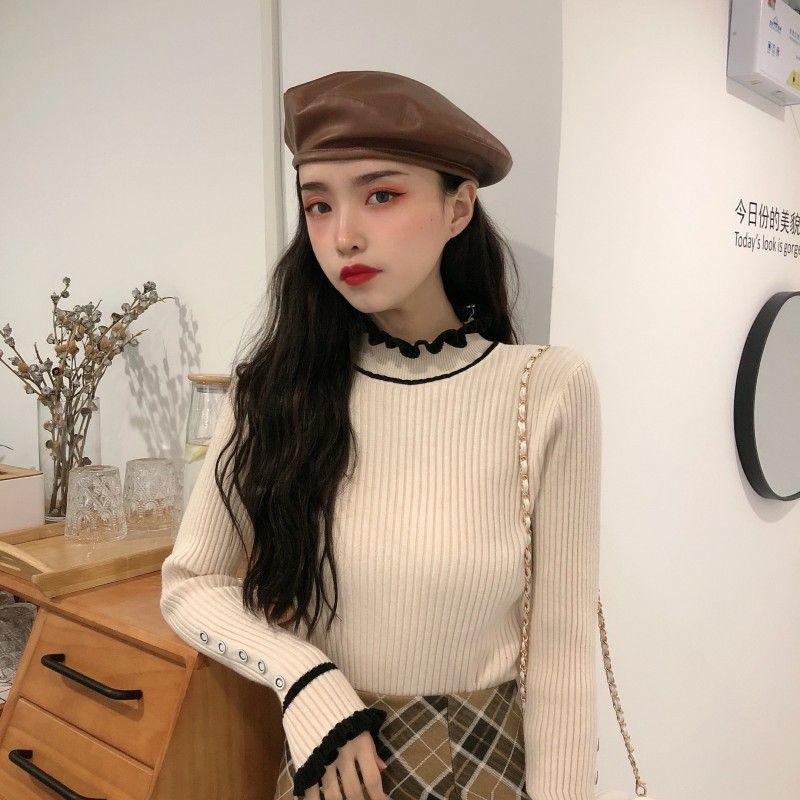 

Женский вязаный свитер с длинными рукавами и цветными блоками: Универсальный топ с полувысоким воротником для осени/зимы One Size абрикосовый