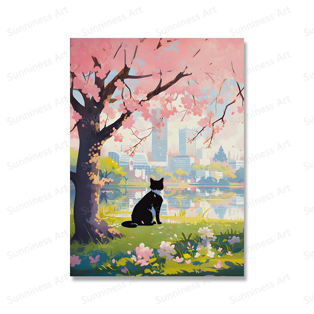 Tabby Cat Flower Market Posters and Prints Canvas Painting Cherry Blossoms Wall Art Pictures for Living Room Home Decor Cuadros