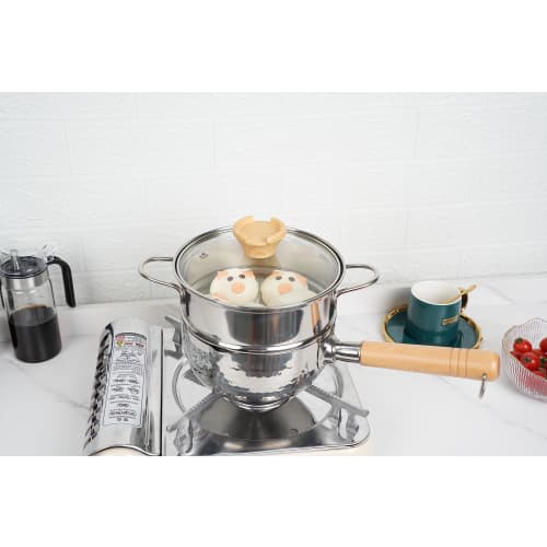 20cm Yukihira Pot with Steamer, Stainless Steel, Gas/IH Compatible, Single-Handed Pot, Easy to Use, Pouring Spout, Wooden Handle, Hammered Texture, Yu