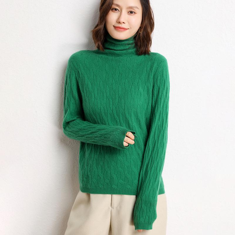 Women's Loose Fit Cashmere Cable Knit High Neck Sweater - Autumn & Winter.