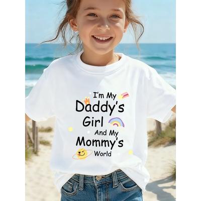 European Sizes Girls' "I'M MY DADDY'S GIRL" T-Shirt with Fun Cartoon Letters, O-Neck, Short Sleeves