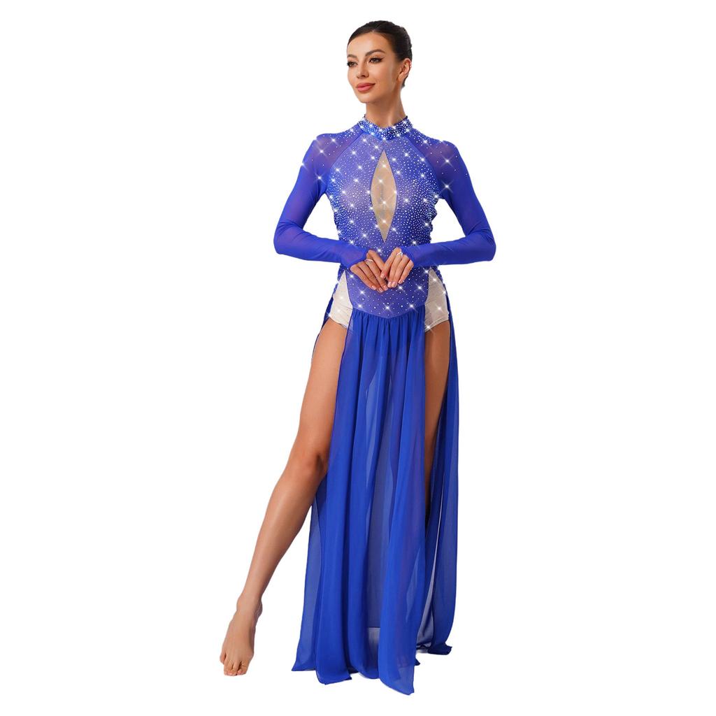 Vestido de Danza Lírica para Mujer con Pedrería Brillante, Manga Larga, Diseño sin Espalda, Chifón, Bajo con Abertura, Leotardo de Una Pieza
