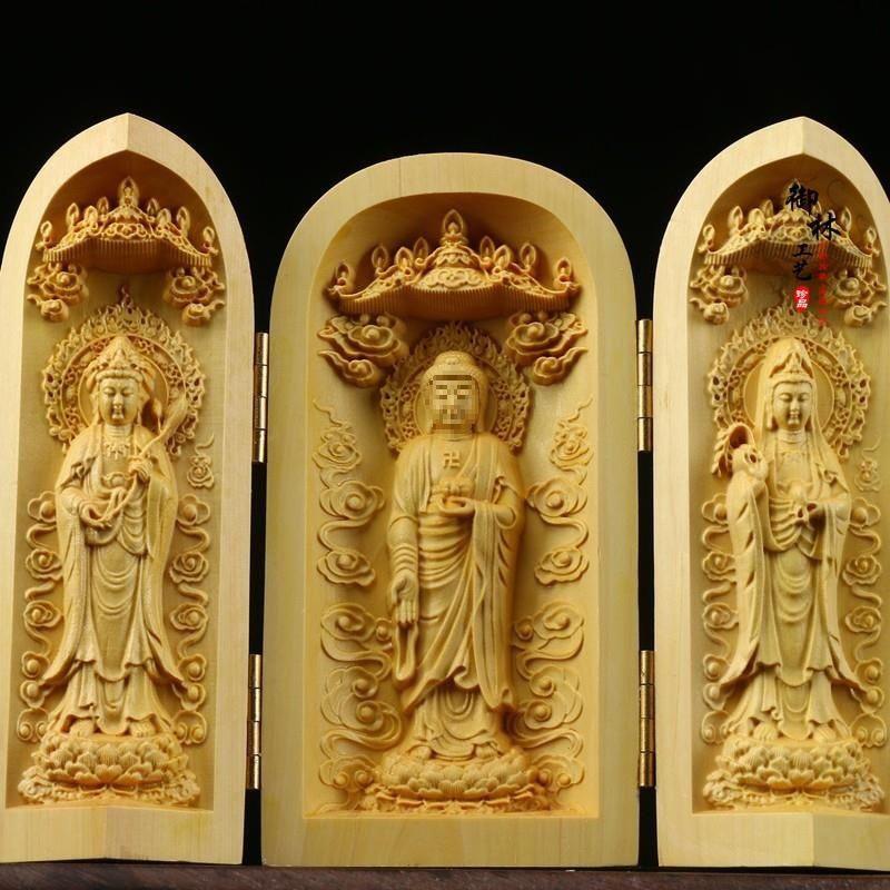 Boxwood Western Tři svatí Buddha Guanyin Masivní dřevo Přenosná třípanelová řezbovaná ozdoba