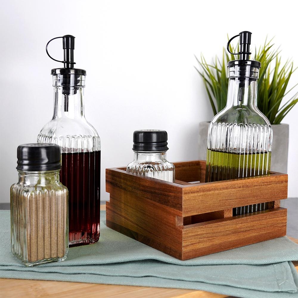 Table Seasoning Set Salt Pepper Oil Vinegar Containers In Stand