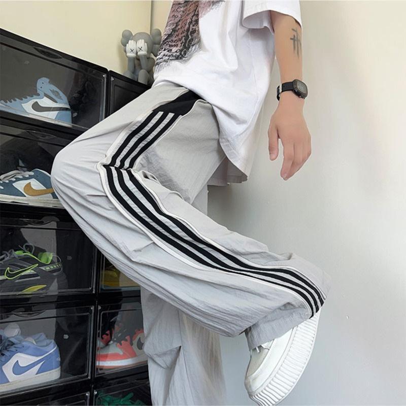 Loose quick-drying pants men's summer thin American trendy brand wide-leg three-bar paratrooper pants men's sports casual trousers