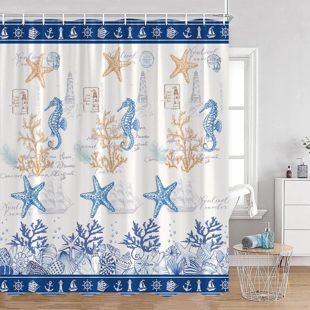 Nautical Cartoon Shower Curtain Lighthouse Sailboat Compass Adventure Treasure Map Bathroom Decor Kids Polyester Bath Curtain