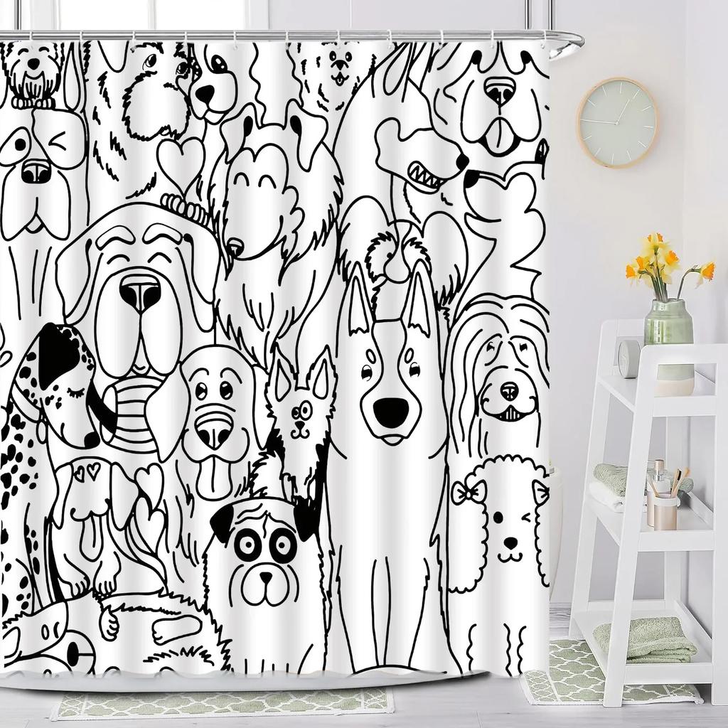 Cartoon Animal Shower Curtain with Funny Cat and Dog Paws Cute Kids Shower Print Family Bathroom Decoration with Hooks