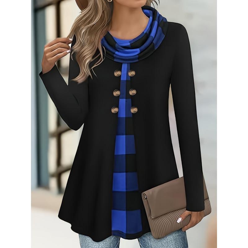 Autumn T-shirts Fashion Plaid Print Fake Two-piece Pleated Scarf Wild Button Plus Size Women's Thin Long-sleeved T-shirt