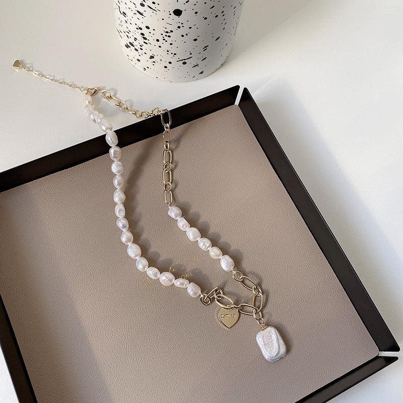 Baroque Freshwater Pearl Necklace Female Collarbone Chain Simple Letter Splicing Neck Chain Square Pearl Necklace