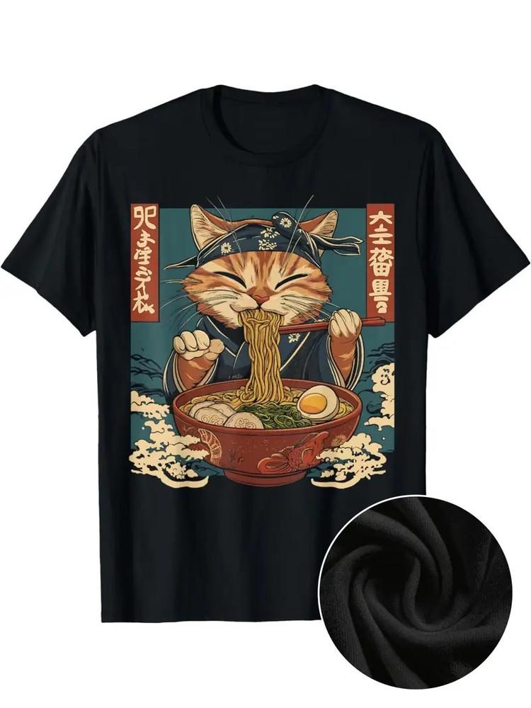 

Men039;s retro anime cat and ramen pattern T-shirt100% cotton casual round neck Unisex T-Shirt XL