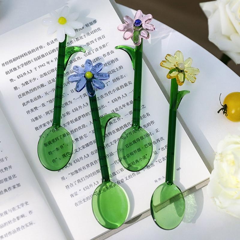 Transparent Glass Stirring Spoon With Elegant Flower Head Colored Stirrer For Coffee Tea Cocktails Head Resistant