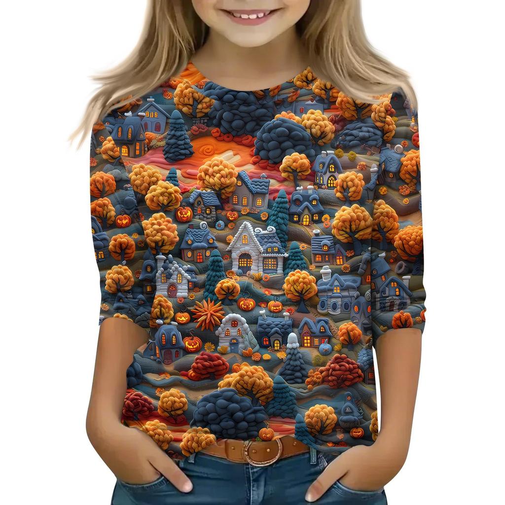 Children's 3/4 Sleeve Tops Casual Halloween Print T Shirt Round Neck Pullover Blouse
