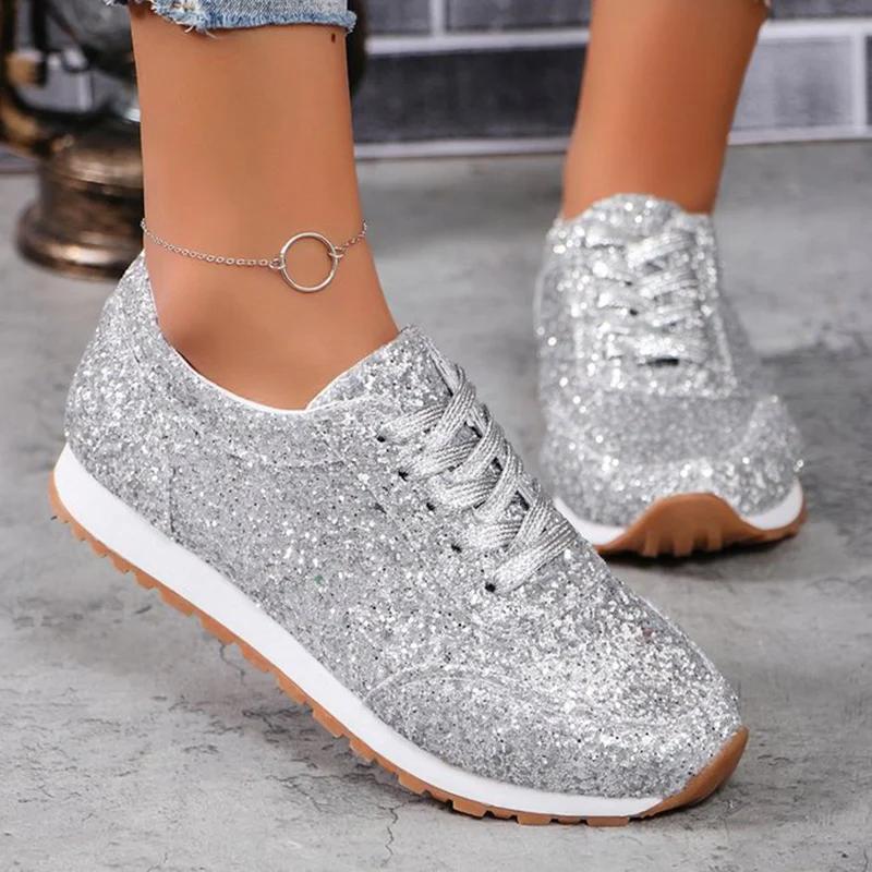

Fashion 2025 New Women s Sneakers Light Glitter Sneakers Spring Autumn Lace Up Low Heel Sport Shoes Women Comfort Non Slip Walking Shoes 43 серебряный