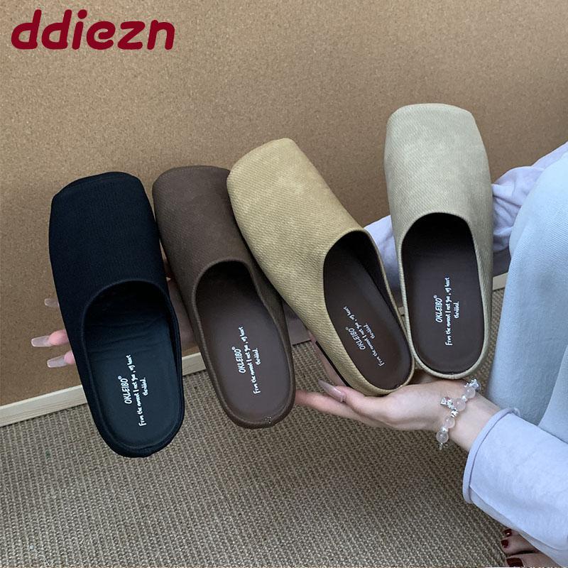 Fashion Fashion Square Toe Women Flats Slippers Mules Shoes Casual Beach Soft Ladies Flats Slippers Shoes Female Slides Sandals New