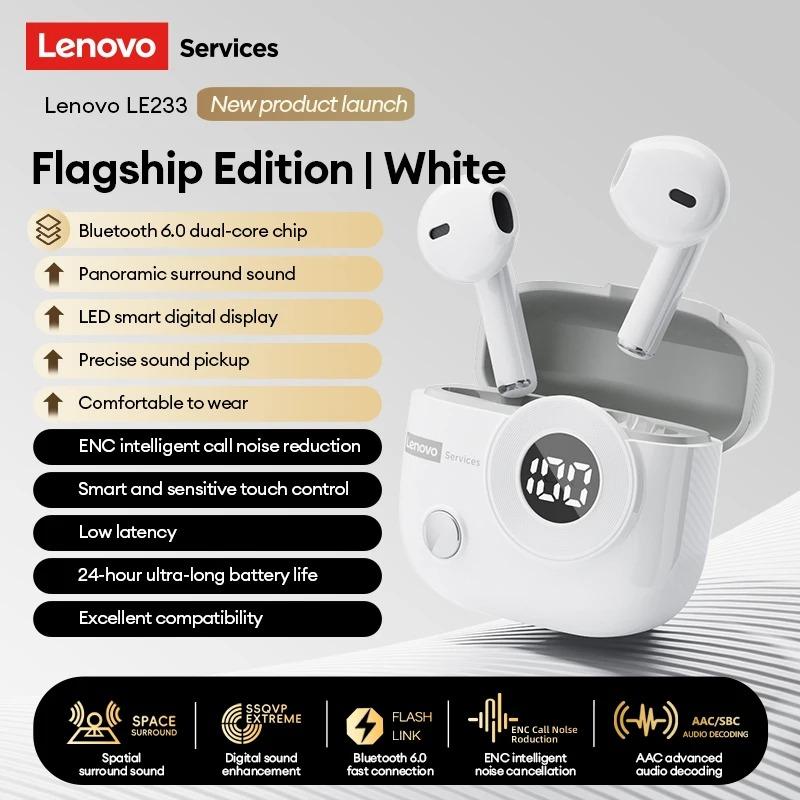 Original Lenovo LE233 Wireless Earphones HD Call Zero Lag Bluetooth 6.0 Headphone Long Battery Life Level Display Game/Music Dual-Mic Earbud