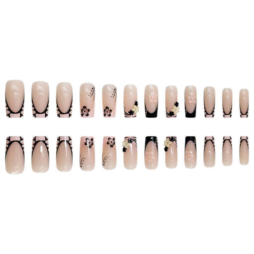 Square Press On Nail Flower Fake Nail Glues On Nail Artificial Acrylic Nail 24pcs Stick On Nail for Womens and Girls