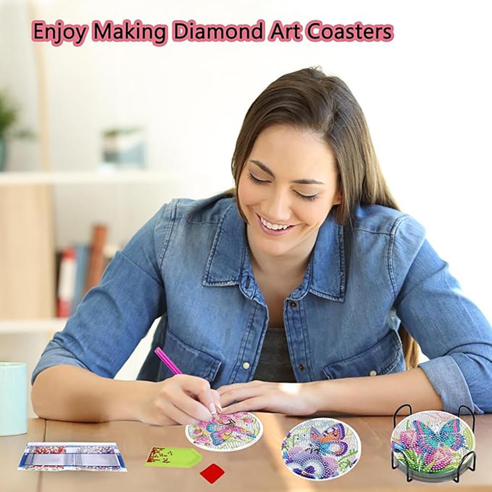 8 Stück/Set Untersetzer mit Diamant-Schmetterlingsmuster, DIY-Untersetzer mit Halter, Geeignet für Anfänger und Erwachsene, Kunst- und Handwerksbedarf Geschenke