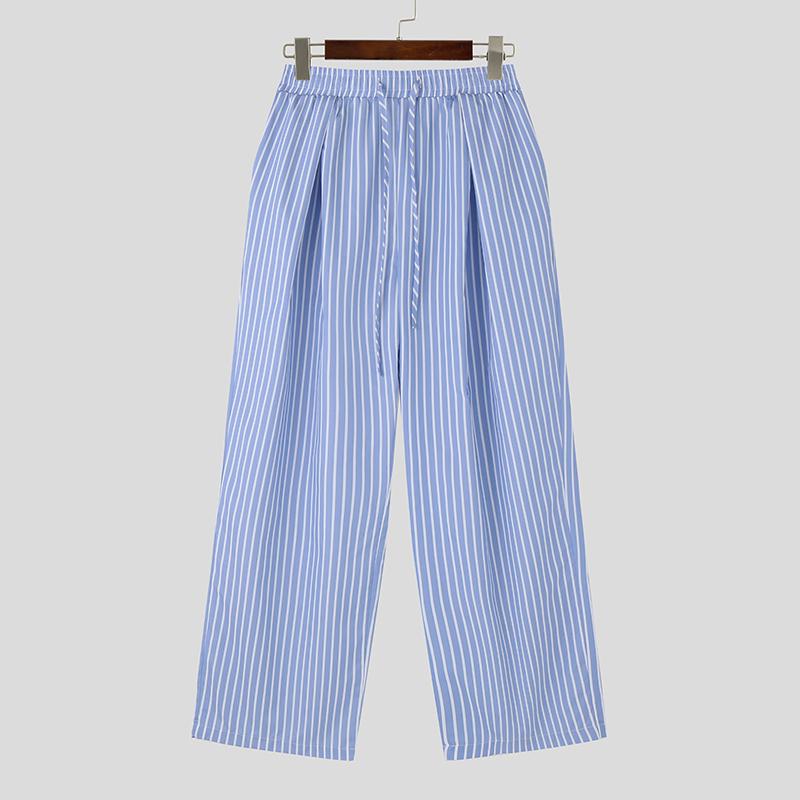 

INCERUN Мужские полосатые брюки с эластичной талией, повседневные длинные брюки с завязками S синий