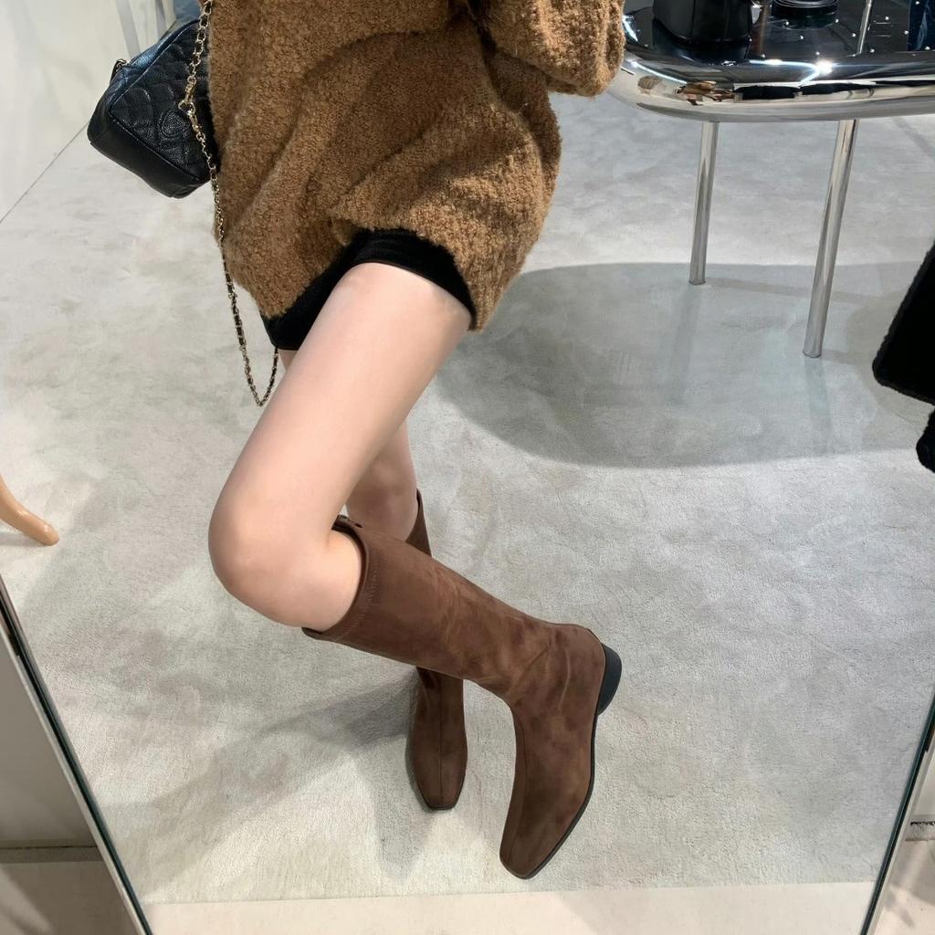 Sheepskin Version~ French Small Square Head Leather Boots, Thin Boots, Women'S Thick Heel Knight Boots, High Boots, Long Boots