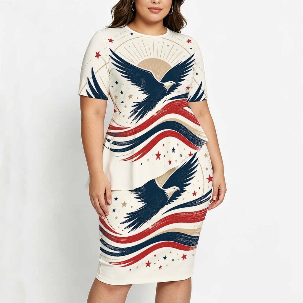 Women Plus Size Round Neck Short Sleeve Printed Asymmetric Top And Fitted Skirt Two Piece Set