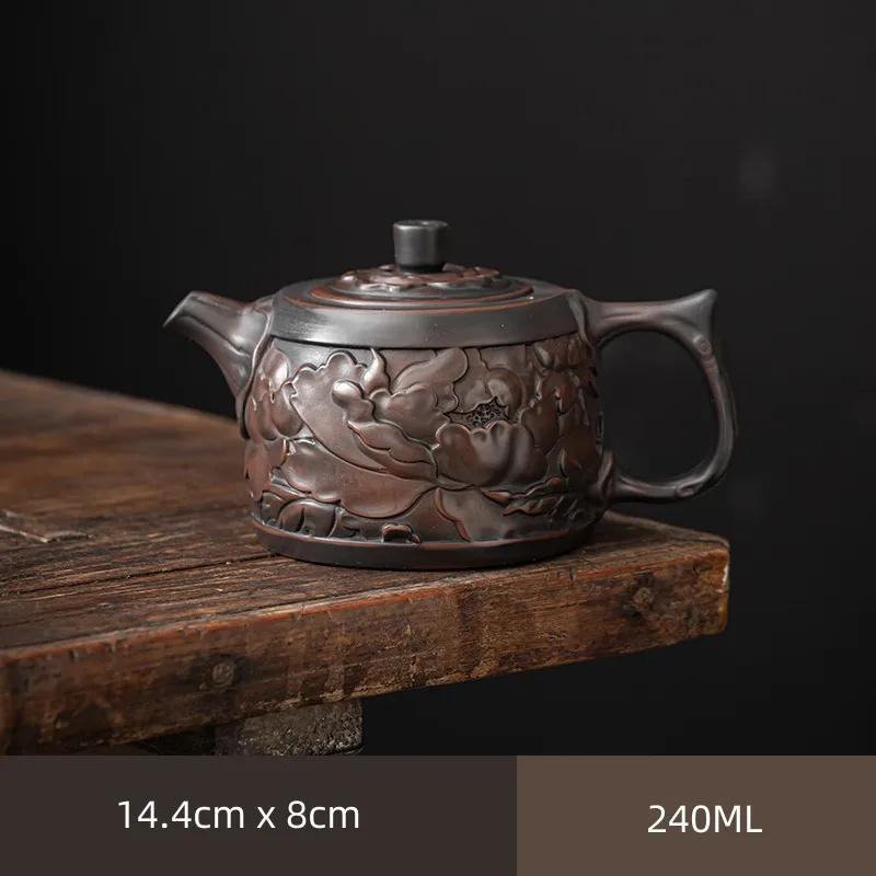 Retro Carving Purple Pottery Teapot Ceramic Household Kettle Pot Kung Fu Tea Set  Pure Handmade Teapot Teapot for Tea Puer Tea