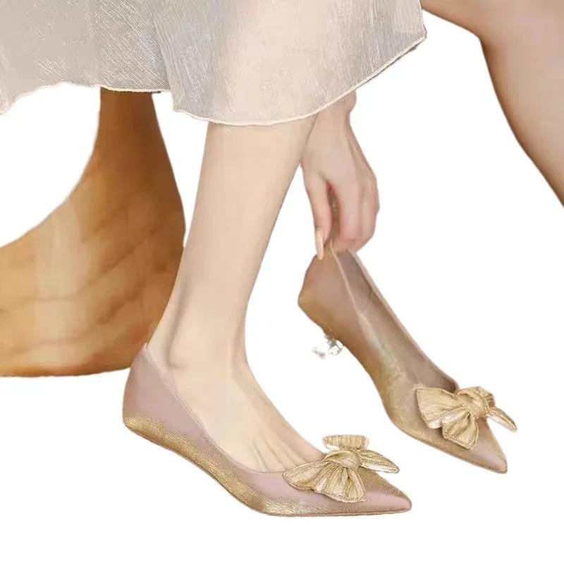 Fashion Elegant Woman Heeled Shoes Summer Slip on Shallow Women's Pumps Novelty Butterfly-knot Pointed Toe Med Heel Versatile Dress Shoe