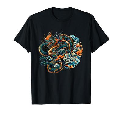 Lustiges Drachen-Tattoo-T-Shirt, Illustration, Stil, Herren, Lustig, Originell, Drachen-Thema, Ukiyo-e T-Shirt