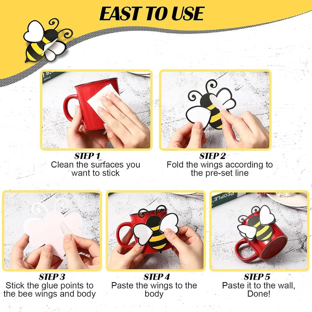 48 Pieces 3D Bee Yellow Stickers Decor Removable Mural Decals Honey Bee Clings for Home Office Fridge Decorations Party Supplies,3 Sizes