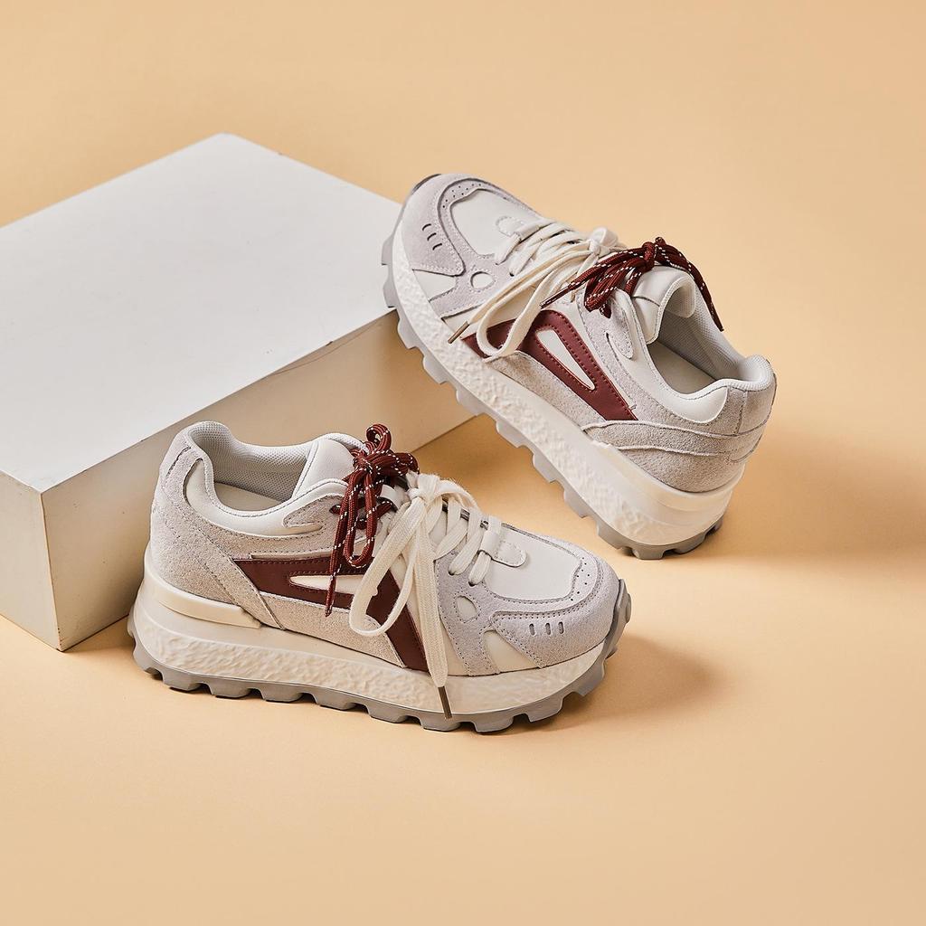 Genuine Leather 8CM Invisible Height Increasing Women's Retro Color Block Thick Sole Sports Shoes - Autumn 2025 Collection