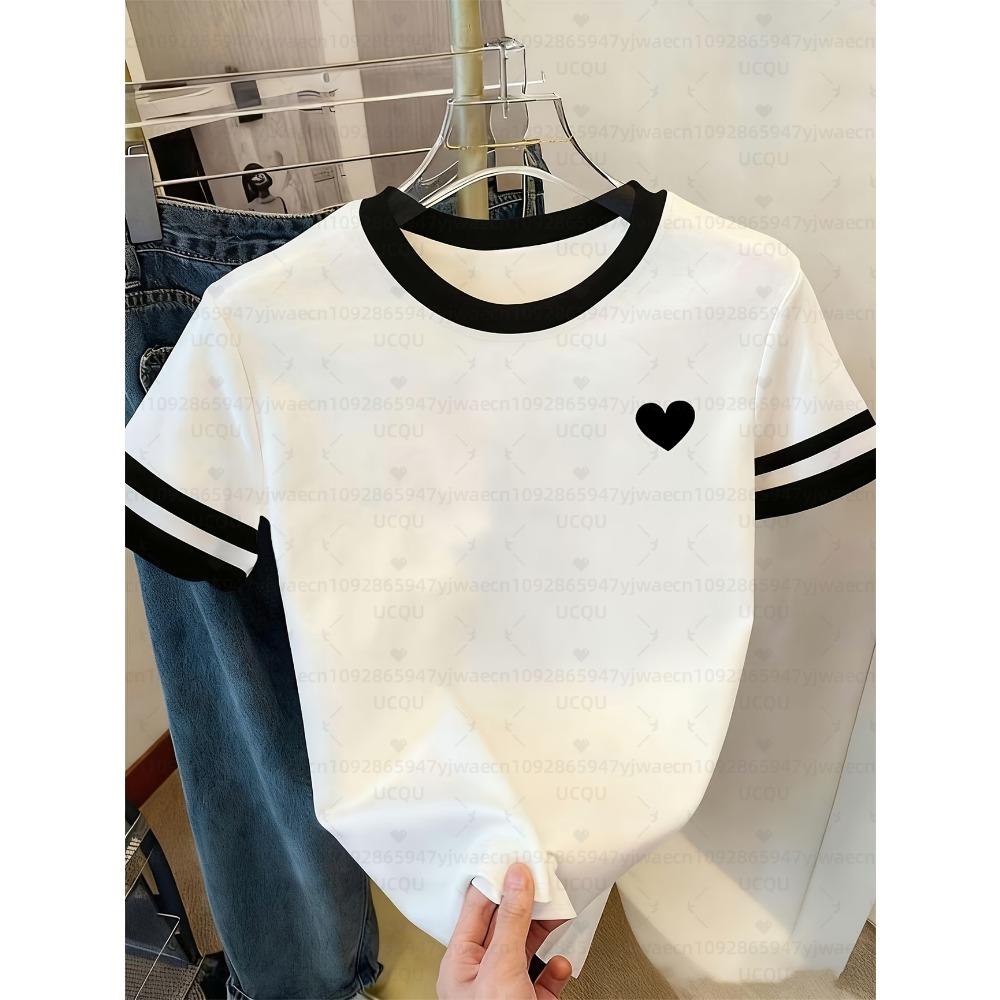 Summer Women Short Sleeve T-Shirt Girl Round Neck Tee Outdoor Sports Adult Valentines Day Red Heart Print T-Shirt Tops
