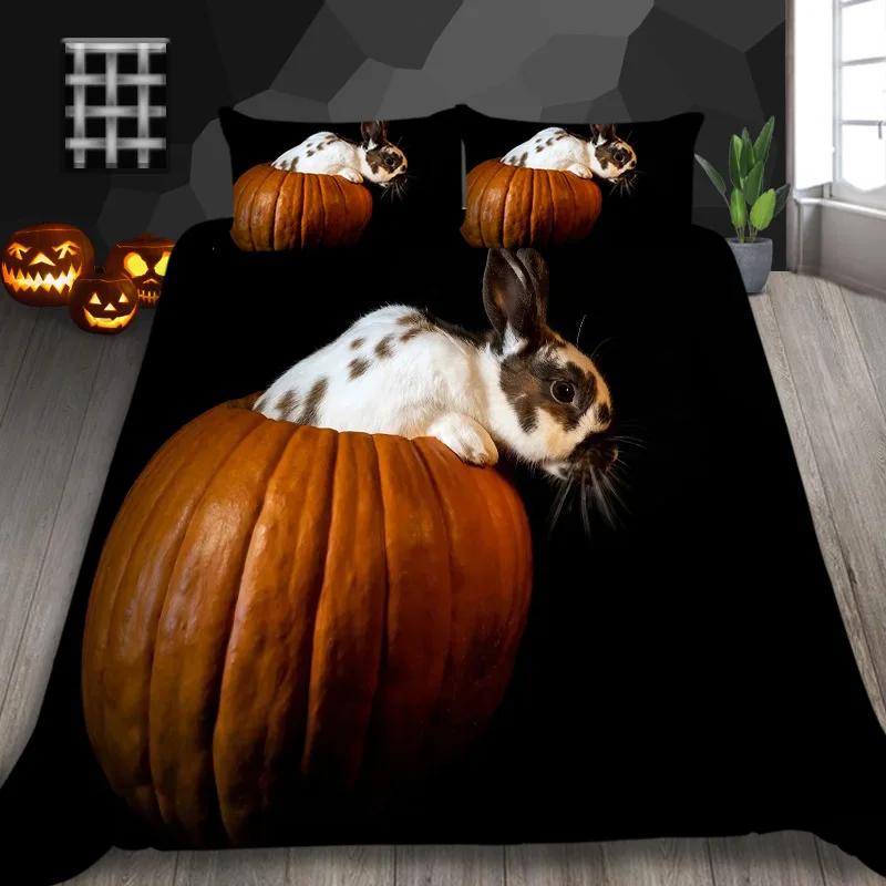 Halloween Pumpkin King Queen Duvet Cover Cartoon Black Cat Bedding Set Kids Girls Orange Pumpkin Lantern Polyester Quilt Cover